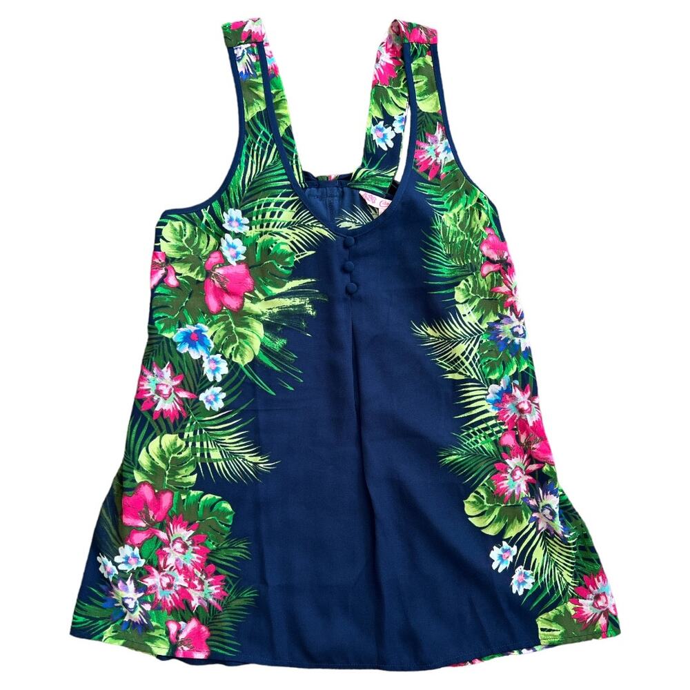 Candie's Navy Blue Palm Floral Sleeveless Tank Top, S